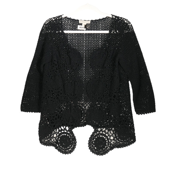 Coldwater Creek Cardigan Sweater Womens Small Black Crocheted Knit Open Front - Picture 1 of 6